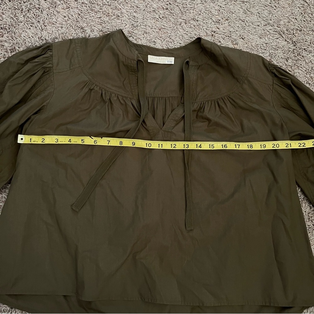 ULLA JOHNSON Delaney Balloon Sleeve Poplin Cotton Blouse in Olive Green Size 0 - Picture 11 of 14